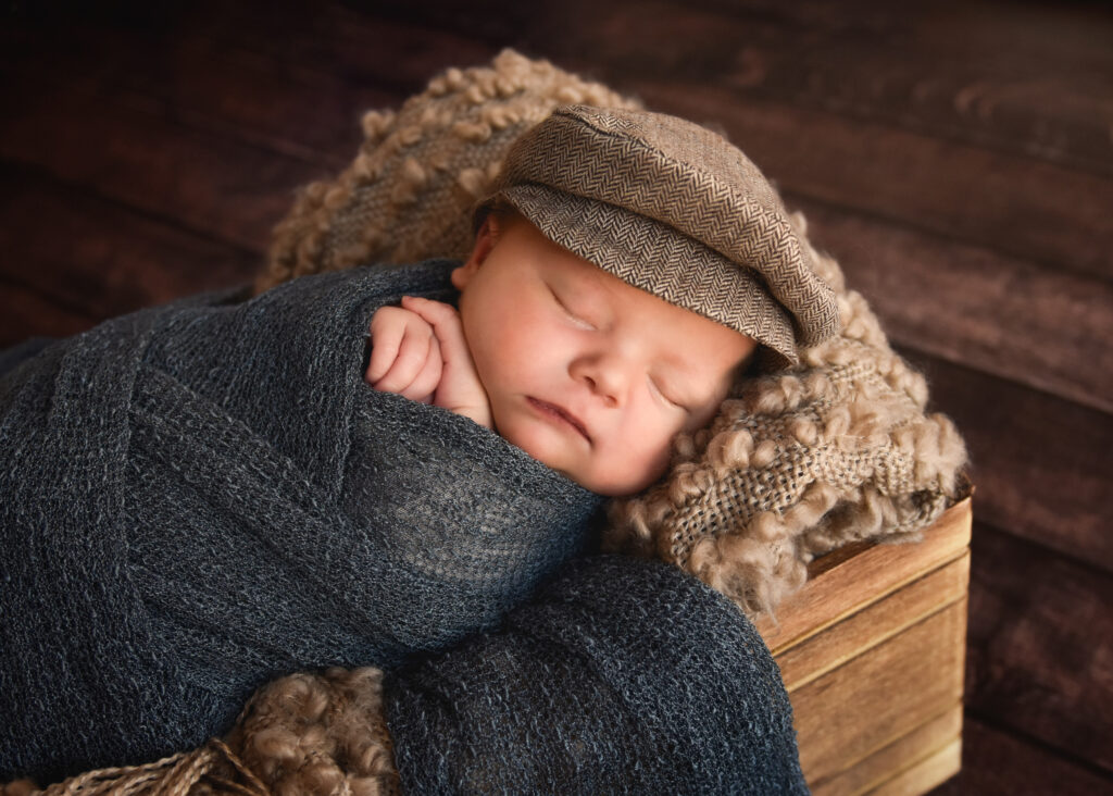 studio newborn session, baby in brown box wearing hat